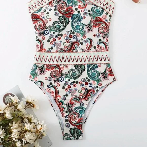 Boho Paisley Chevron Stripe Tape High Neck One Piece Swimsuit - Picture 7 of 8